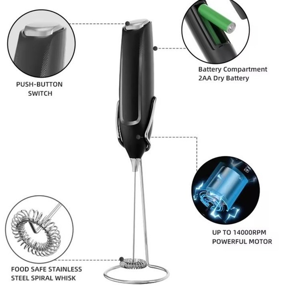 Electric Milk Frother Handheld Battery Operated Stainless Steel Whisk Black - Picture 6 of 6